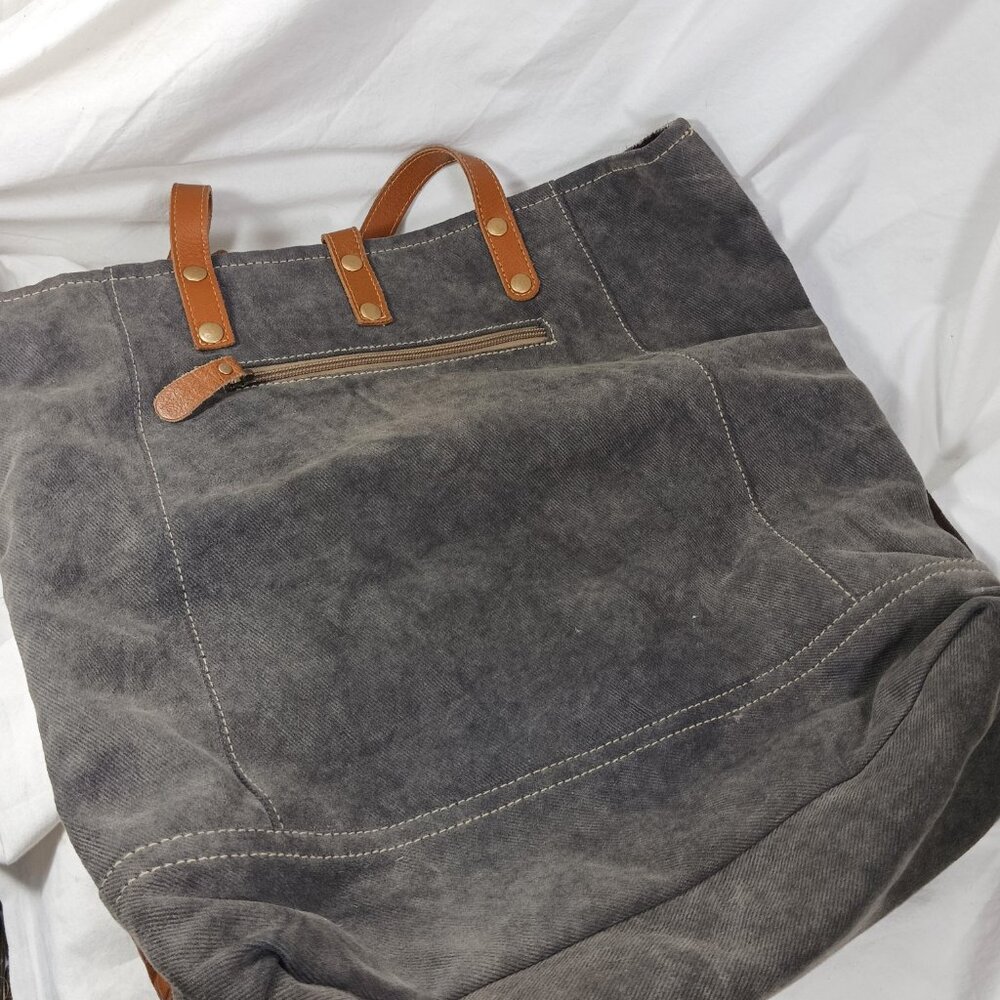 Myra Bag Dk Brown White Cowhide Gray Canvas Tooled Leather Shoulder Bag Zip 16" - Picture 13 of 13